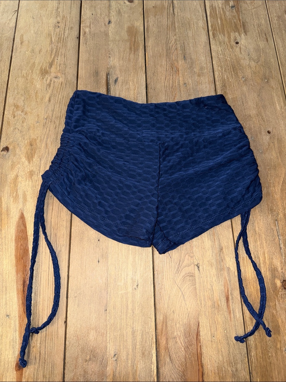 Textured Navy Athletic Drawstring Side-Detail Shorts